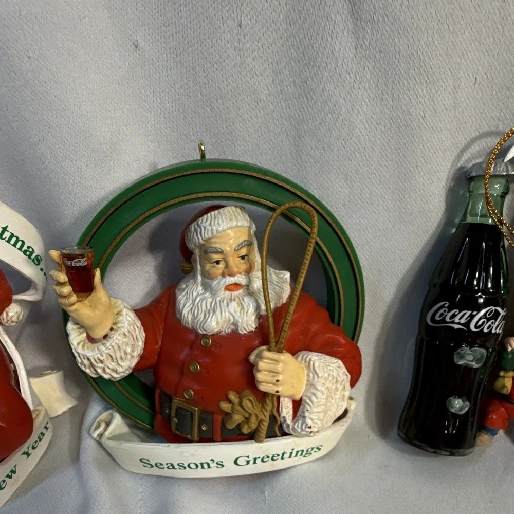 Coca-Cola Lot of 3 Christmas Ornaments Santa Elves Coke Bottle Advertising Red